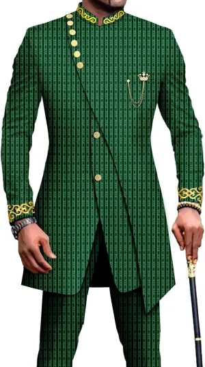 Men`s Suit Double Breasted Slim Fit Embroidery Chain Blazer and Pants Set Dashiki Outfits African Clothes