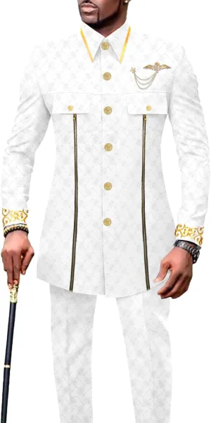 Men`s Suits African Clothes Slim Fit Embroidery Single Breasted Full Sleeve Zip Blazer and Pants Set