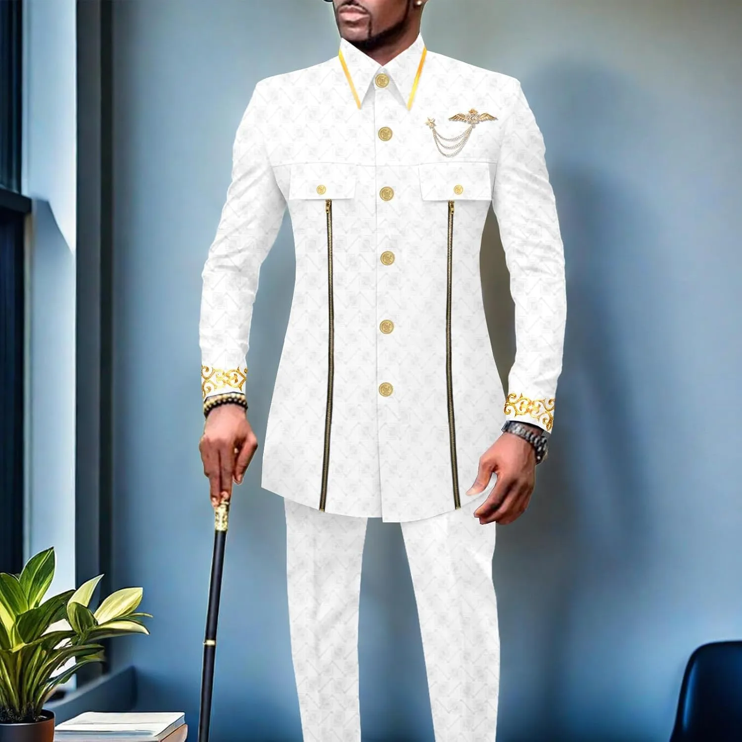 Men`s Suits African Clothes Slim Fit Embroidery Single Breasted Full Sleeve Zip Blazer and Pants Set
