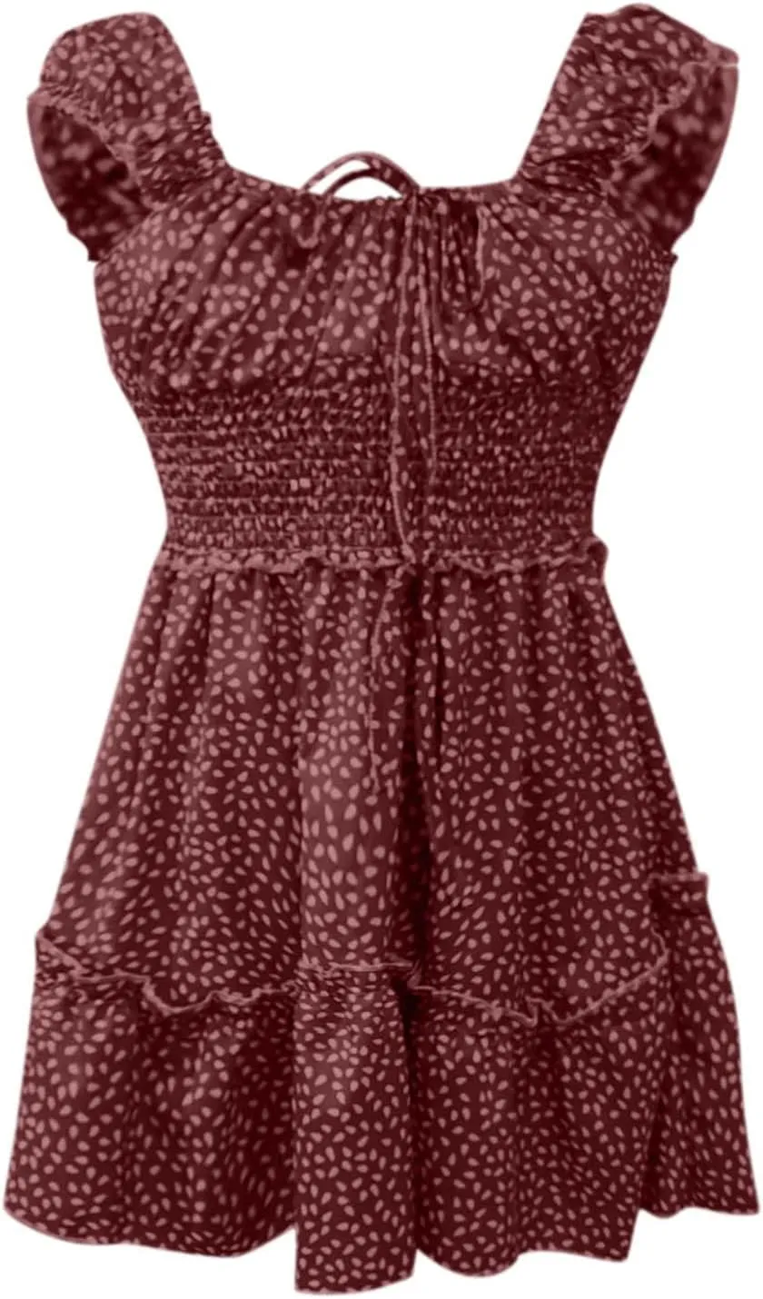 Mini Dresses for Women Summer Casual Floral Boho Sundress Ruffle Short Sleeve Square Neck High Waist Party Sun Dresses