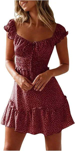 Mini Dresses for Women Summer Casual Floral Boho Sundress Ruffle Short Sleeve Square Neck High Waist Party Sun Dresses