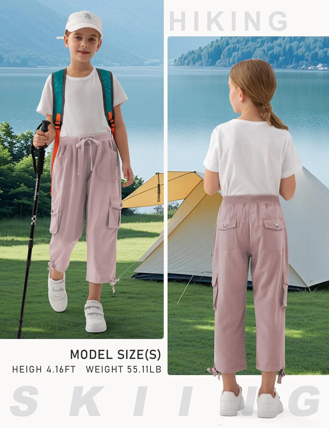 MoFiz Girls Cargo Capris Hiking Pants Lightweight Quick Dry Outdoor Athletic Travel Casual Loose Comfy Cute Pockets