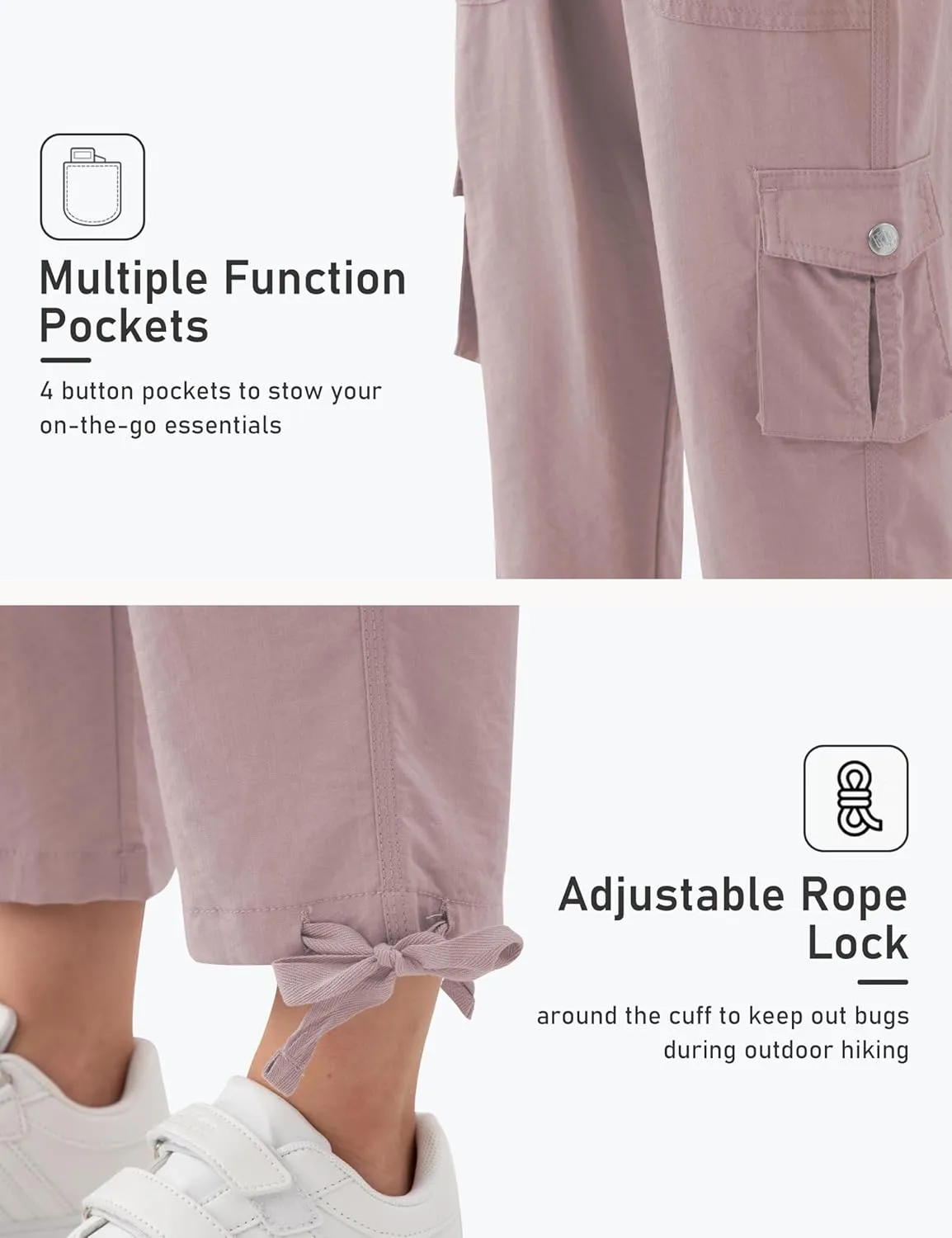 MoFiz Girls Cargo Capris Hiking Pants Lightweight Quick Dry Outdoor Athletic Travel Casual Loose Comfy Cute Pockets