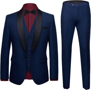 MY'S Mens 3-Piece Suit Shawl Lapel One Button Tuxedo Slim Fit Dinner Jacket Vest Pants & Tie Set