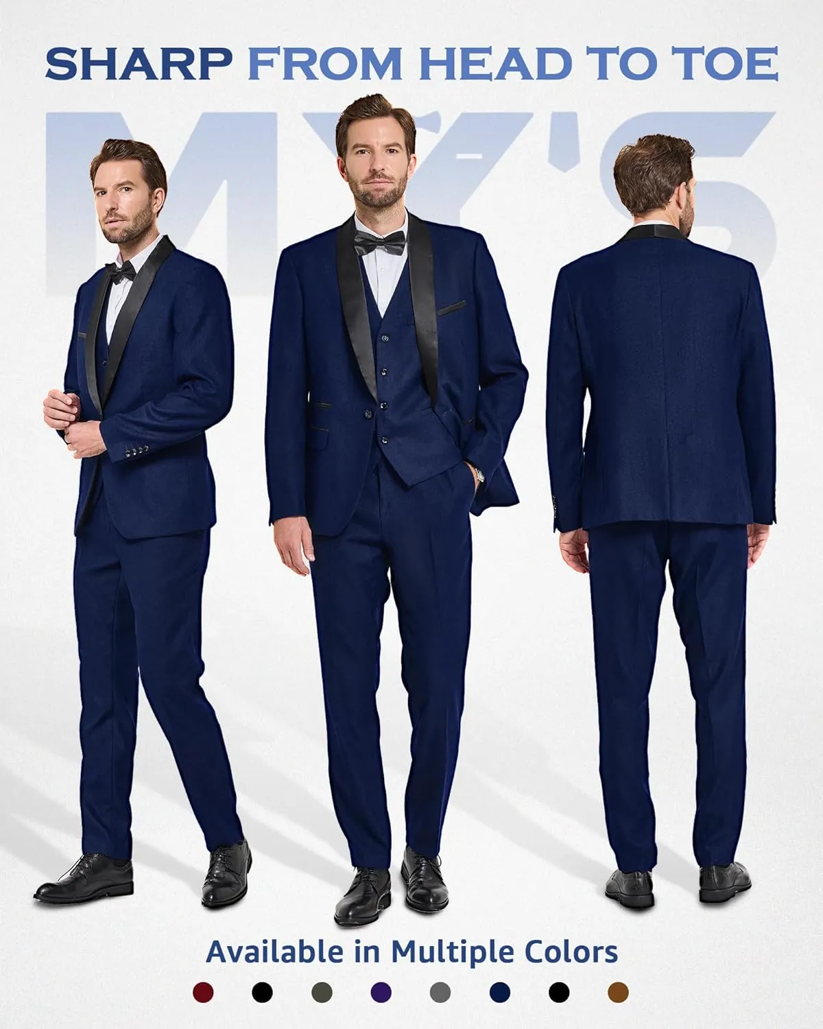MY'S Mens 3-Piece Suit Shawl Lapel One Button Tuxedo Slim Fit Dinner Jacket Vest Pants & Tie Set