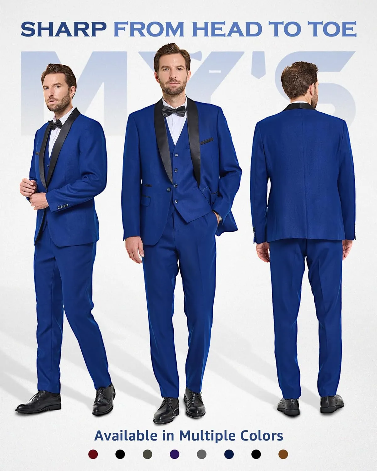 MY'S Mens 3-Piece Suit Shawl Lapel One Button Tuxedo Slim Fit Dinner Jacket Vest Pants & Tie Set