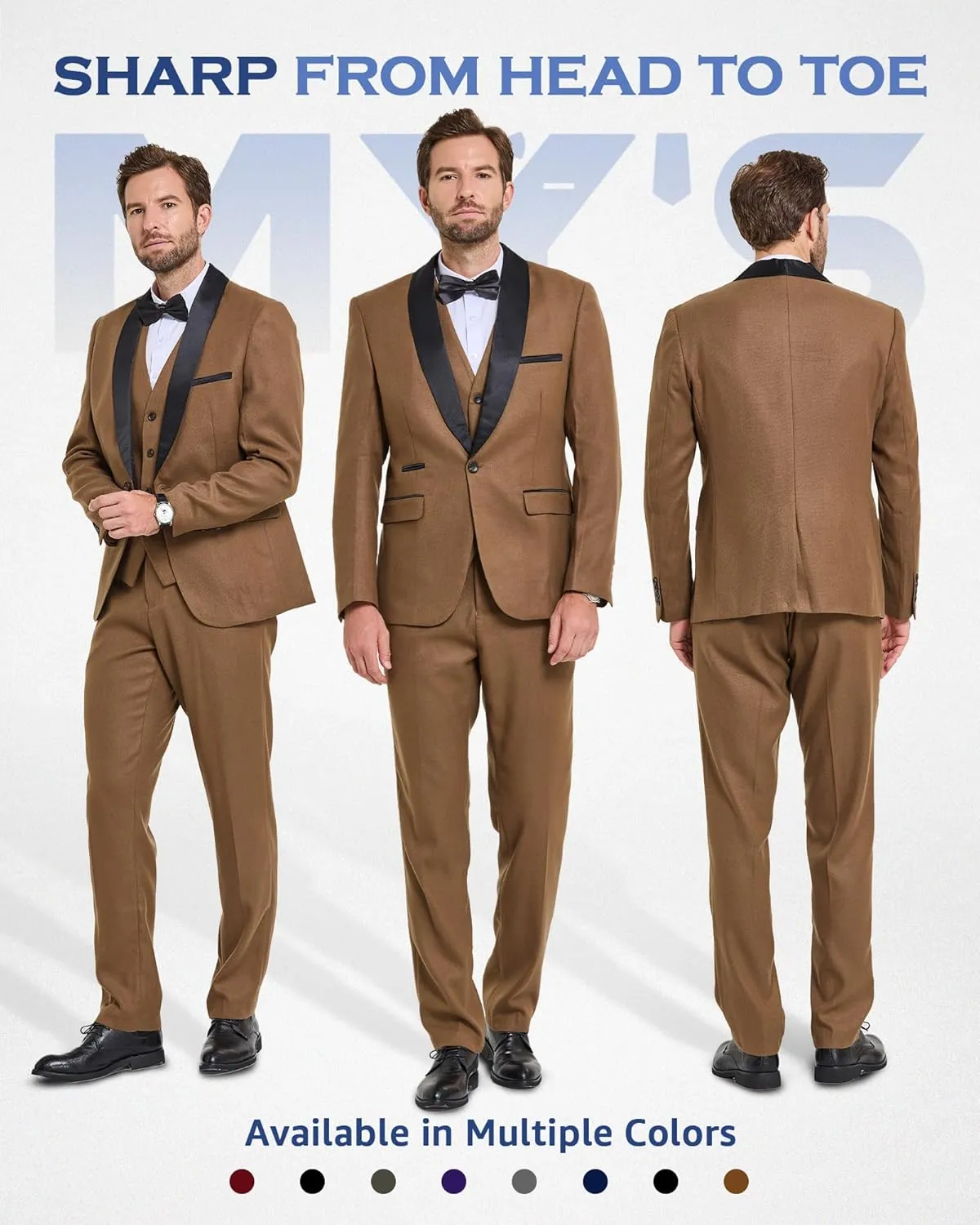 MY'S Mens 3-Piece Suit Shawl Lapel One Button Tuxedo Slim Fit Dinner Jacket Vest Pants & Tie Set