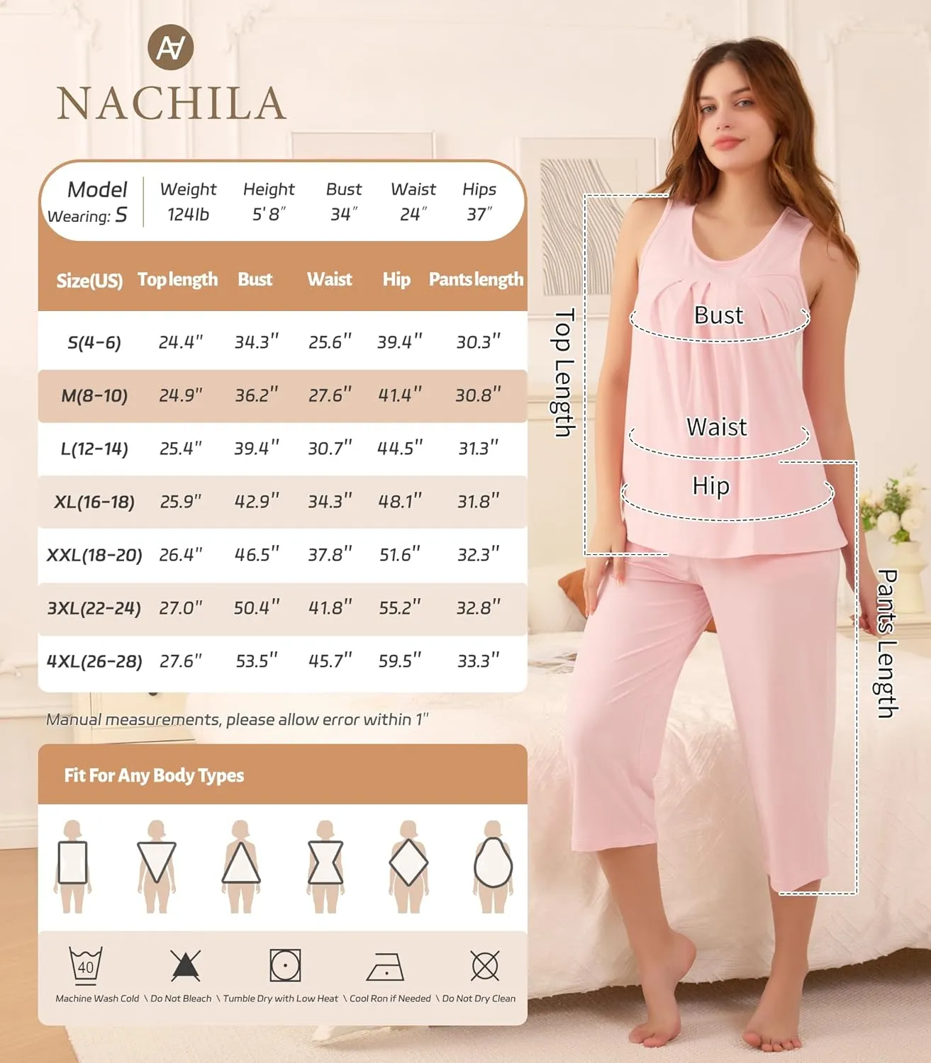 NACHILA Pajamas for Women-Viscose Made from Bamboo, Sleeveless Pjs Tank Top Capri Pants Pajama Sets Cooling Sleepwear