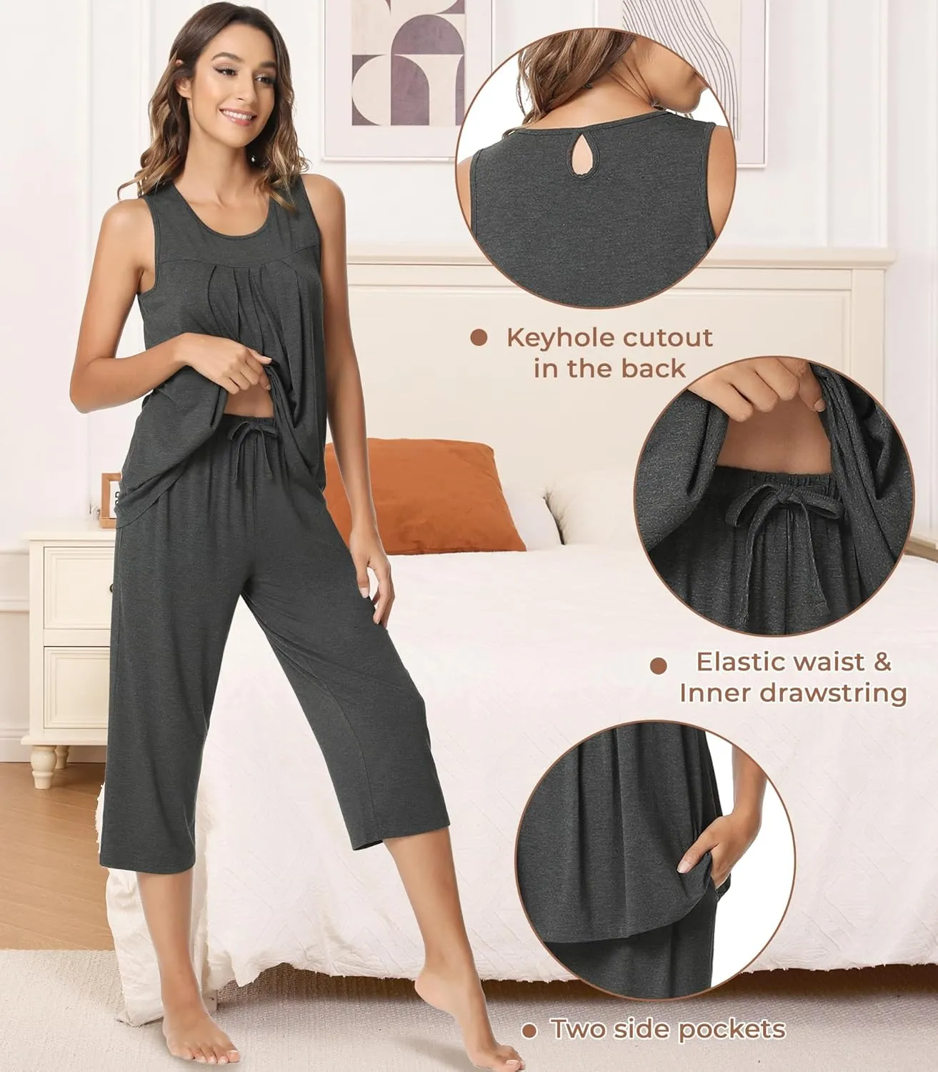 NACHILA Pajamas for Women-Viscose Made from Bamboo, Sleeveless Pjs Tank Top Capri Pants Pajama Sets Cooling Sleepwear