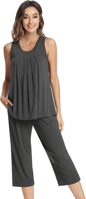 NACHILA Pajamas for Women-Viscose Made from Bamboo, Sleeveless Pjs Tank Top Capri Pants Pajama Sets Cooling Sleepwear