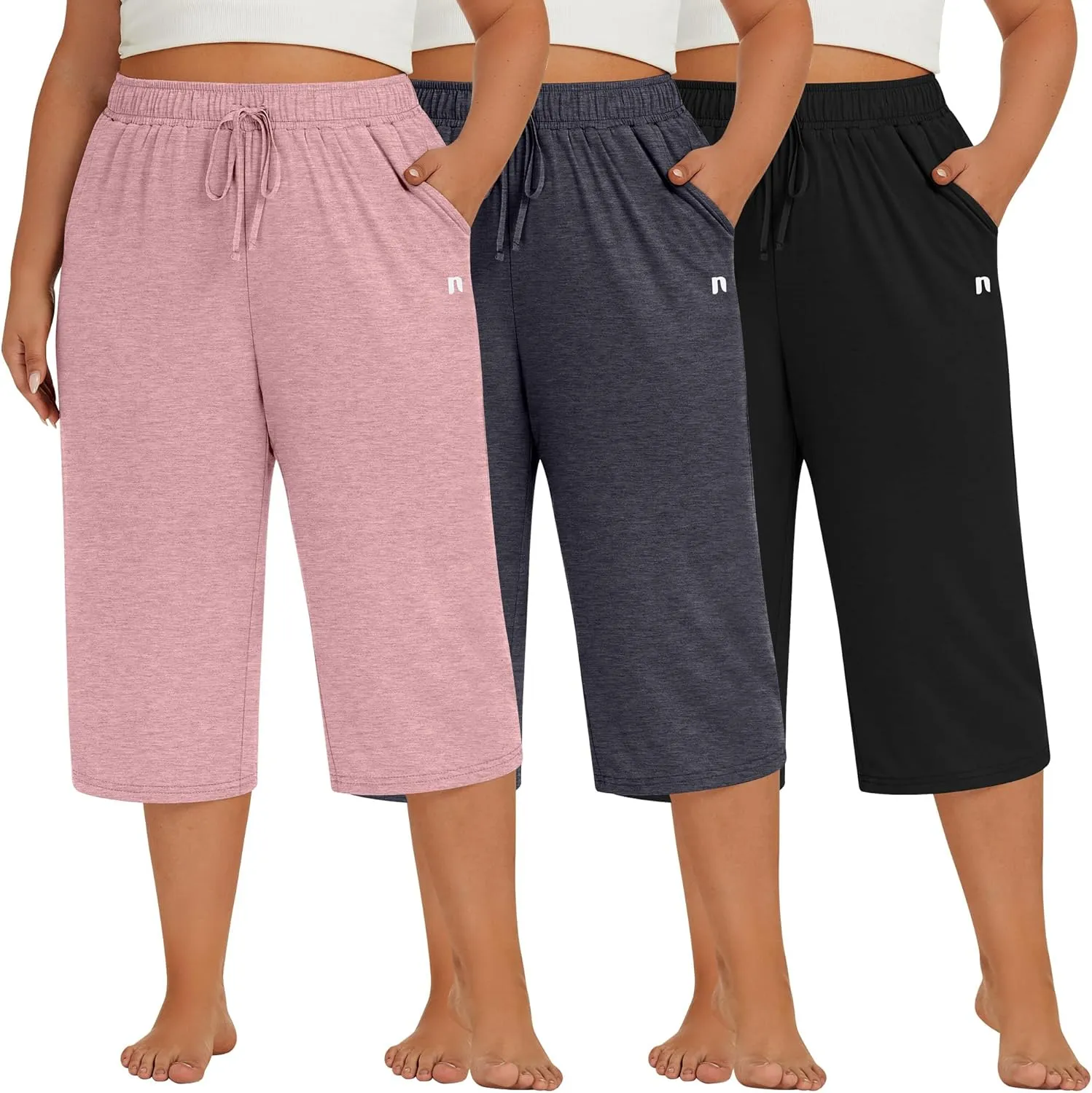 Neer 3 Pack Women's Plus Size Capris, Cotton Wide Leg Pants Casual Drawstring Capri Sweatpants Drawstring Pants with Pockets