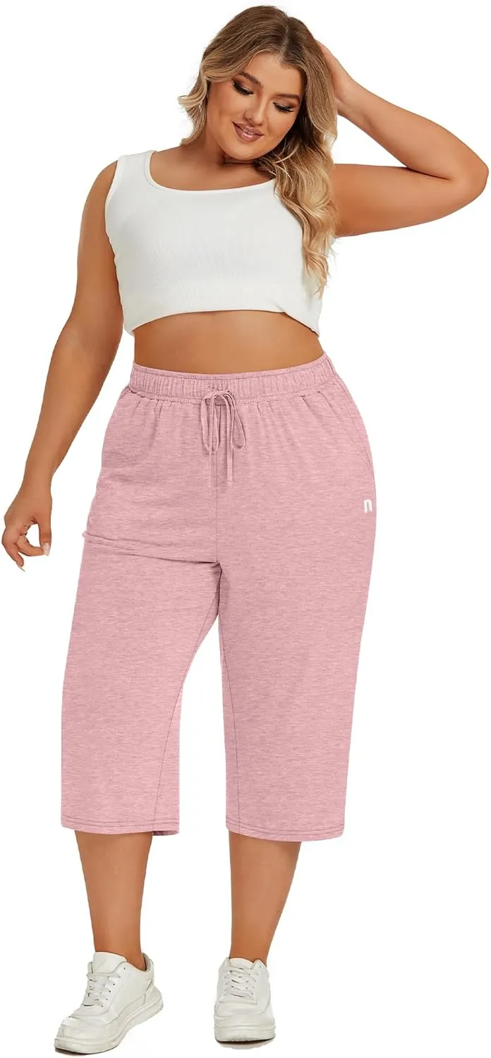 Neer 3 Pack Women's Plus Size Capris, Cotton Wide Leg Pants Casual Drawstring Capri Sweatpants Drawstring Pants with Pockets