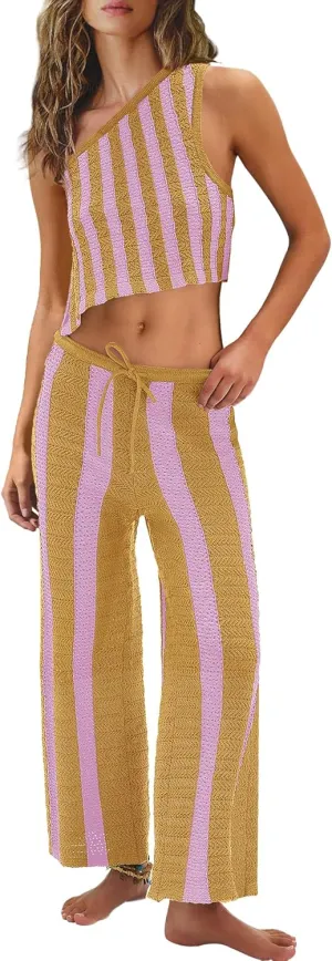 Nirovien Womens Striped Two Piece Sets Summer Matching Set One Shoulder Top and Wide Leg Pants Set Vacation Outfits