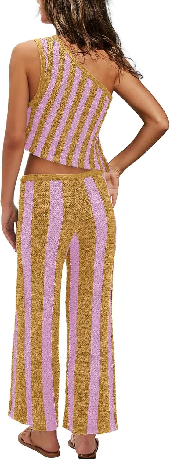 Nirovien Womens Striped Two Piece Sets Summer Matching Set One Shoulder Top and Wide Leg Pants Set Vacation Outfits