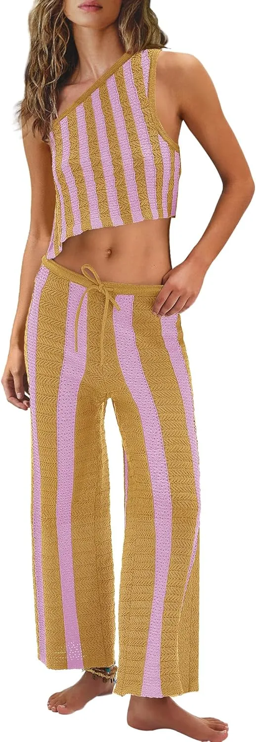 Nirovien Womens Striped Two Piece Sets Summer Matching Set One Shoulder Top and Wide Leg Pants Set Vacation Outfits