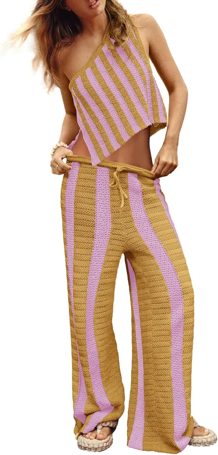 Nirovien Womens Striped Two Piece Sets Summer Matching Set One Shoulder Top and Wide Leg Pants Set Vacation Outfits
