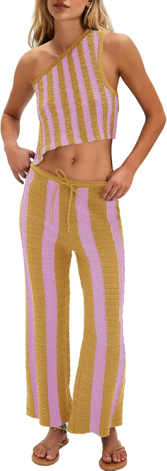 Nirovien Womens Striped Two Piece Sets Summer Matching Set One Shoulder Top and Wide Leg Pants Set Vacation Outfits