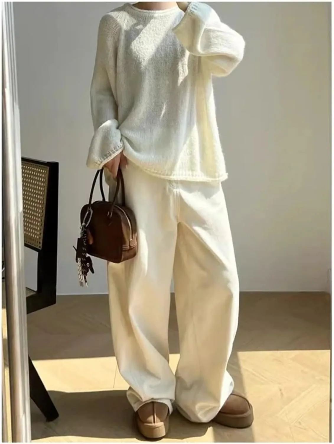 Off White Jeans Women Y2K Hip Hop Vintage High Waisted Straight Streetwear Casual Loose Wide Leg Denim Pants