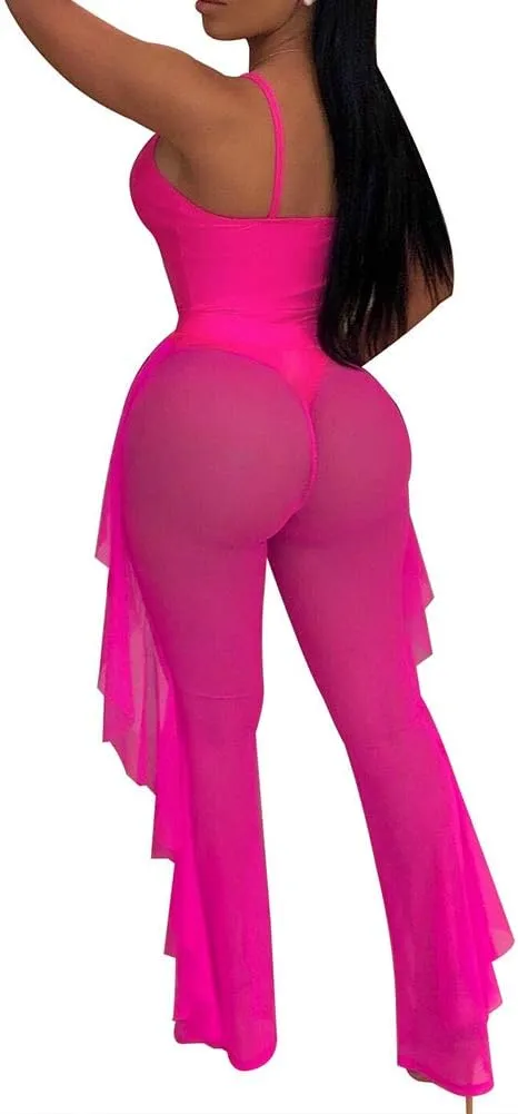 OLUOLIN Women Beading Pearl See Through Sheer Mesh 2 Pieces Outfits Jumpsuits Crop Top and Hollow Out Ruffle Long Pants