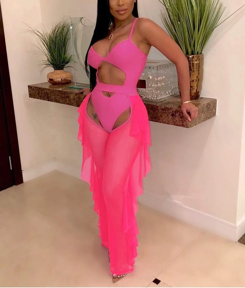 OLUOLIN Women Beading Pearl See Through Sheer Mesh 2 Pieces Outfits Jumpsuits Crop Top and Hollow Out Ruffle Long Pants