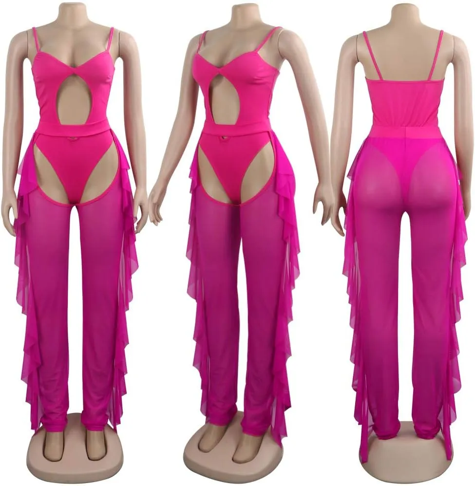 OLUOLIN Women Beading Pearl See Through Sheer Mesh 2 Pieces Outfits Jumpsuits Crop Top and Hollow Out Ruffle Long Pants