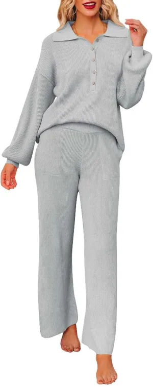 Pink Queen Women's 2 Piece Outfit Sweater Set Long Sleeve Button Knit Pullover Top Wide Leg Pants Pocket Sweatsuit