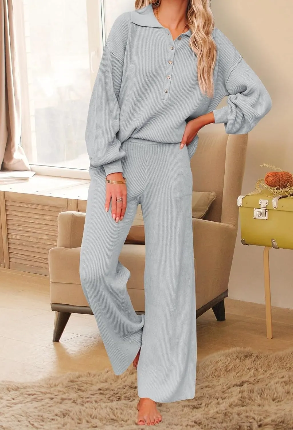 Pink Queen Women's 2 Piece Outfit Sweater Set Long Sleeve Button Knit Pullover Top Wide Leg Pants Pocket Sweatsuit