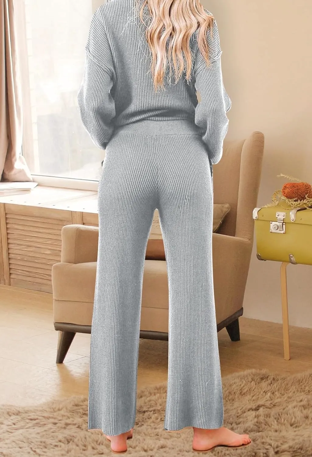 Pink Queen Women's 2 Piece Outfit Sweater Set Long Sleeve Button Knit Pullover Top Wide Leg Pants Pocket Sweatsuit