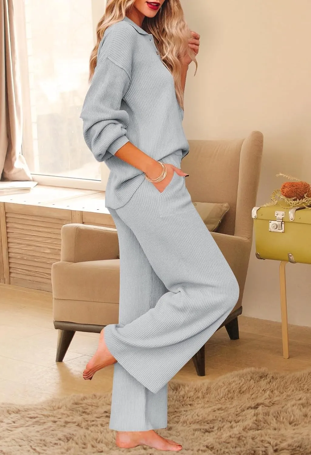 Pink Queen Women's 2 Piece Outfit Sweater Set Long Sleeve Button Knit Pullover Top Wide Leg Pants Pocket Sweatsuit