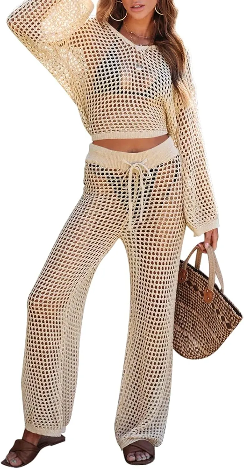 Pink Queen Women's Swimsuit Cover Up Set 2 Piece Crochet Long Sleeve Crop Top Wide Leg Pants Beach Coverups Outfits