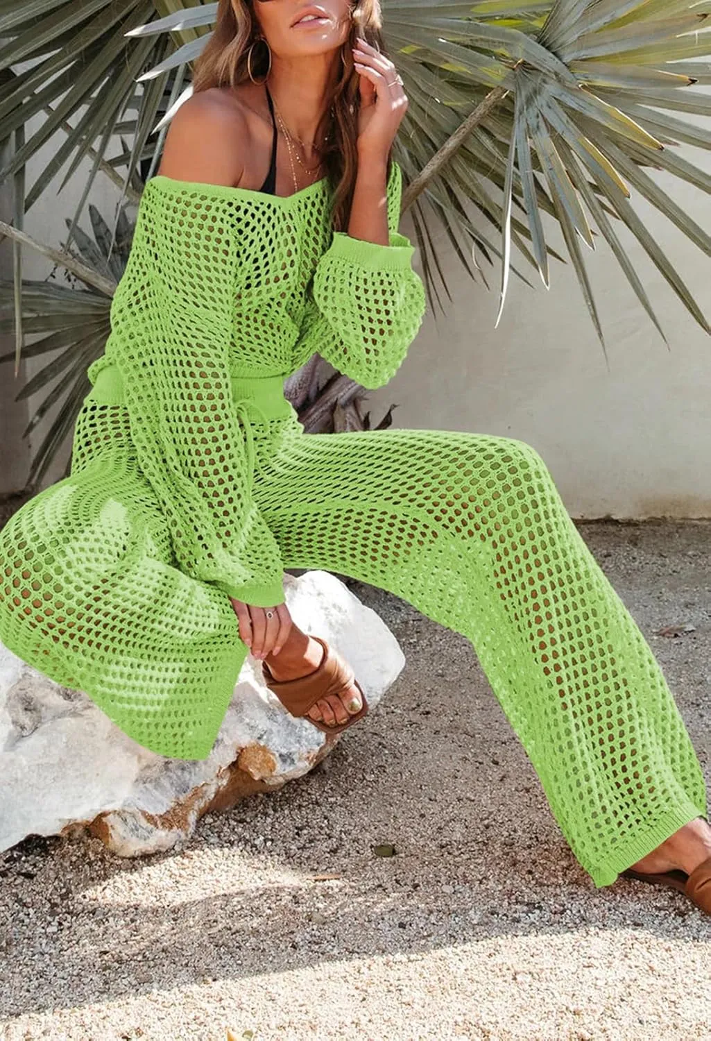 Pink Queen Women's Swimsuit Cover Up Set 2 Piece Crochet Long Sleeve Crop Top Wide Leg Pants Beach Coverups Outfits