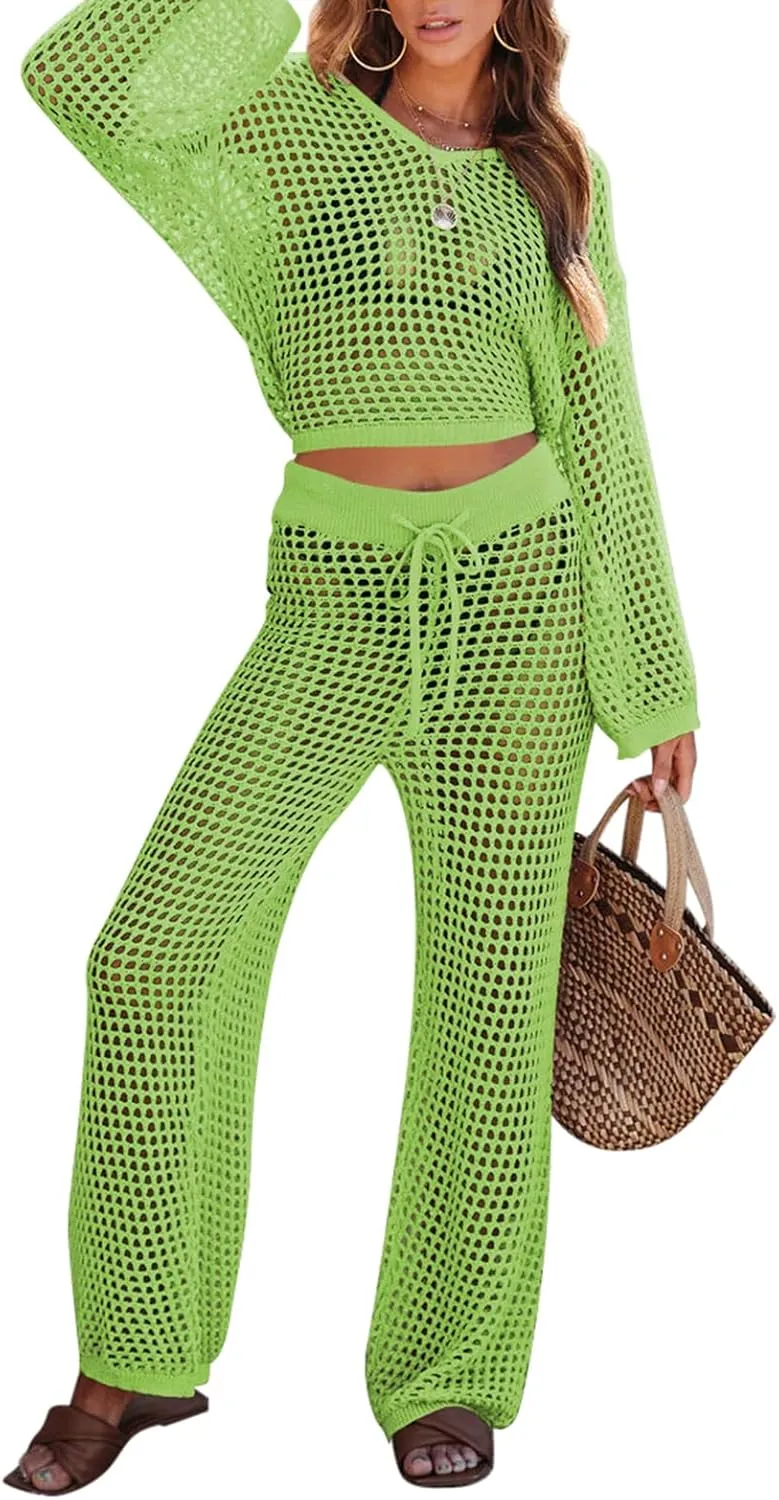 Pink Queen Women's Swimsuit Cover Up Set 2 Piece Crochet Long Sleeve Crop Top Wide Leg Pants Beach Coverups Outfits