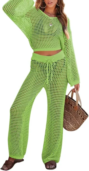 Pink Queen Women's Swimsuit Cover Up Set 2 Piece Crochet Long Sleeve Crop Top Wide Leg Pants Beach Coverups Outfits