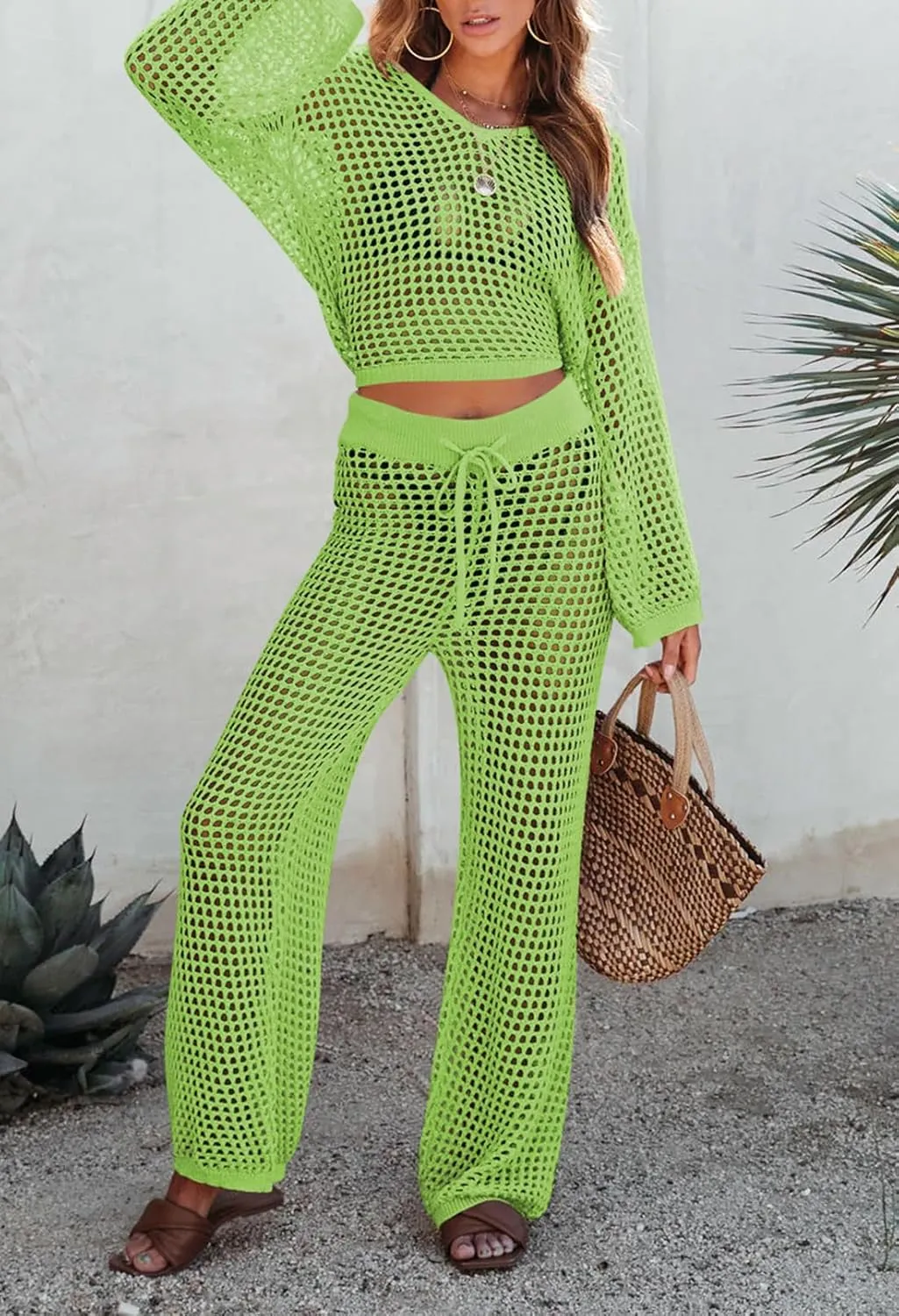 Pink Queen Women's Swimsuit Cover Up Set 2 Piece Crochet Long Sleeve Crop Top Wide Leg Pants Beach Coverups Outfits