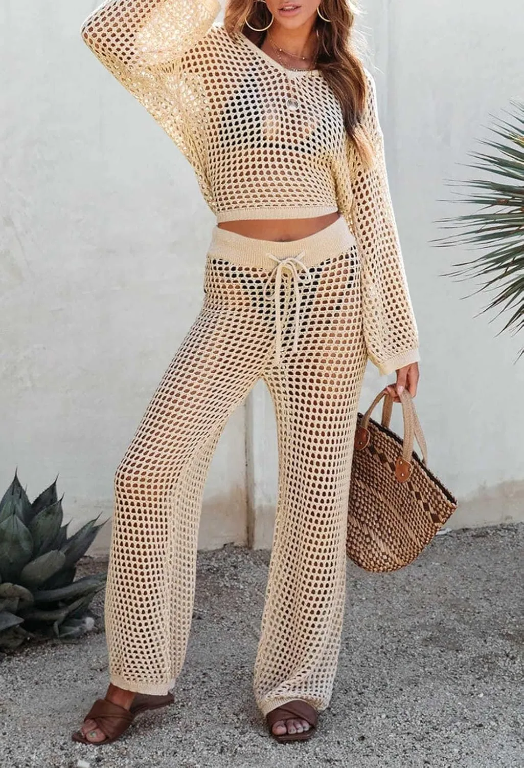 Pink Queen Women's Swimsuit Cover Up Set 2 Piece Crochet Long Sleeve Crop Top Wide Leg Pants Beach Coverups Outfits
