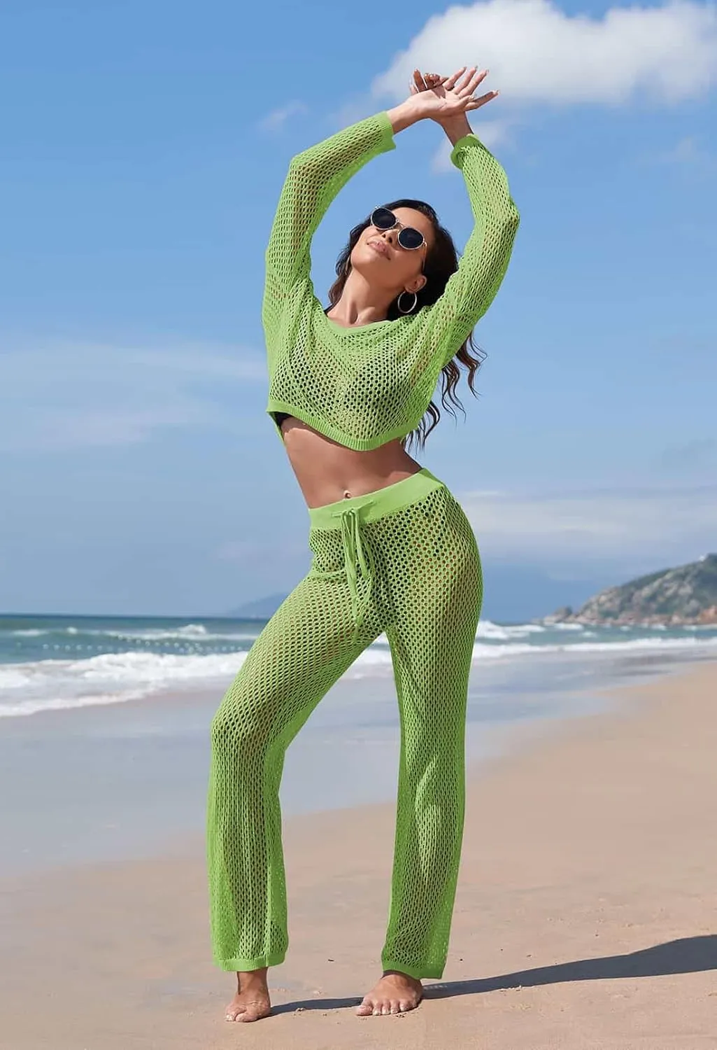 Pink Queen Women's Swimsuit Cover Up Set 2 Piece Crochet Long Sleeve Crop Top Wide Leg Pants Beach Coverups Outfits