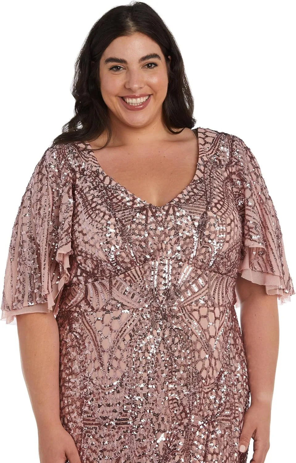 R&M Richards Long Sequin Gown with Flutter Sleeves and Godet Insets