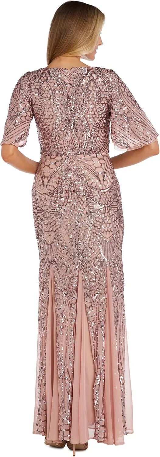 R&M Richards Long Sequin Gown with Flutter Sleeves and Godet Insets