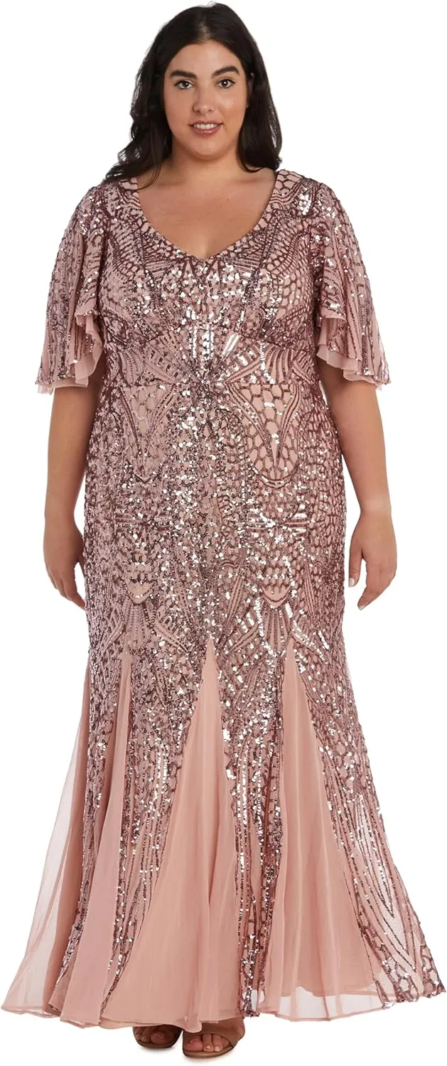 R&M Richards Long Sequin Gown with Flutter Sleeves and Godet Insets