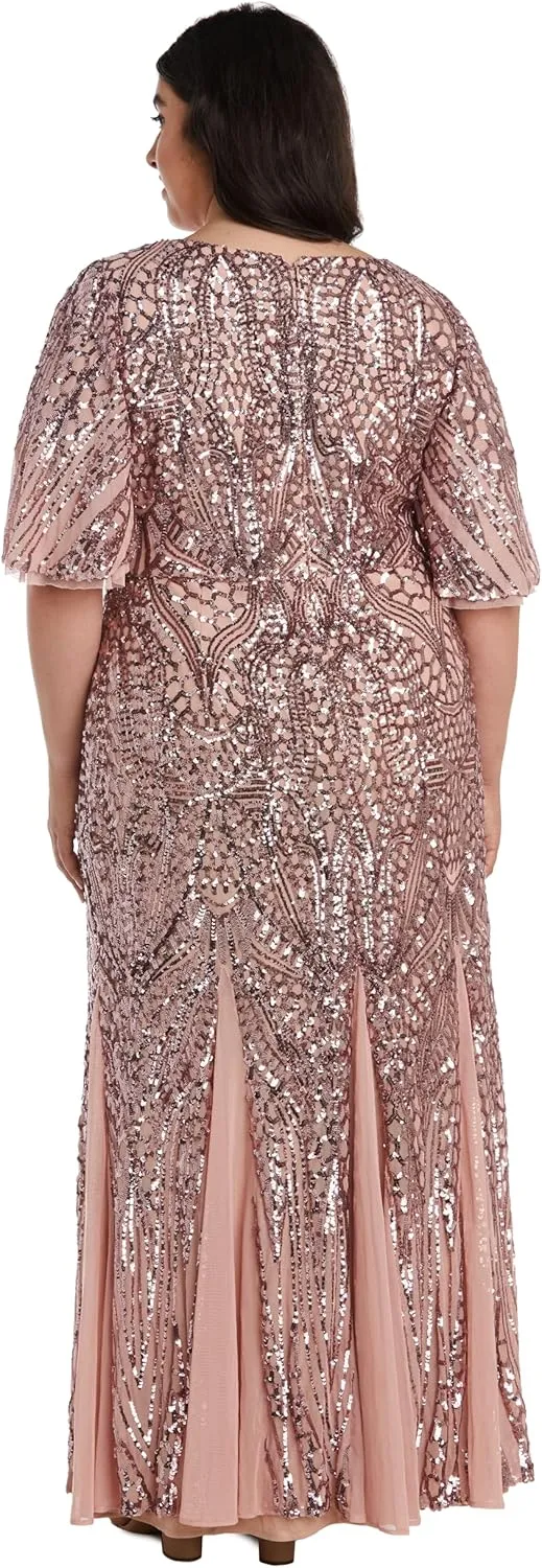 R&M Richards Long Sequin Gown with Flutter Sleeves and Godet Insets