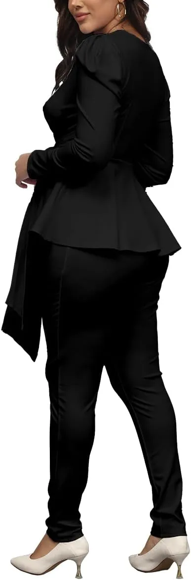 Remelon 2 Piece Outfits for Women Blazer with Pants Deep V Long Sleeve Slim Fit Ruffle Pelplum Business Suit