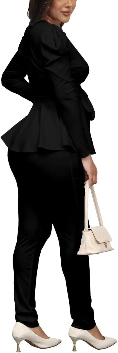 Remelon 2 Piece Outfits for Women Blazer with Pants Deep V Long Sleeve Slim Fit Ruffle Pelplum Business Suit