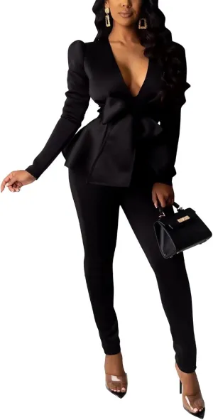 Remelon 2 Piece Outfits for Women Blazer with Pants Deep V Long Sleeve Slim Fit Ruffle Pelplum Business Suit