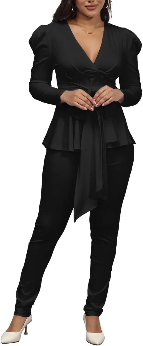 Remelon 2 Piece Outfits for Women Blazer with Pants Deep V Long Sleeve Slim Fit Ruffle Pelplum Business Suit