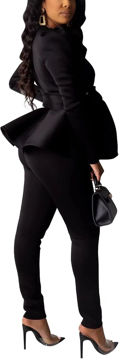 Remelon 2 Piece Outfits for Women Blazer with Pants Deep V Long Sleeve Slim Fit Ruffle Pelplum Business Suit