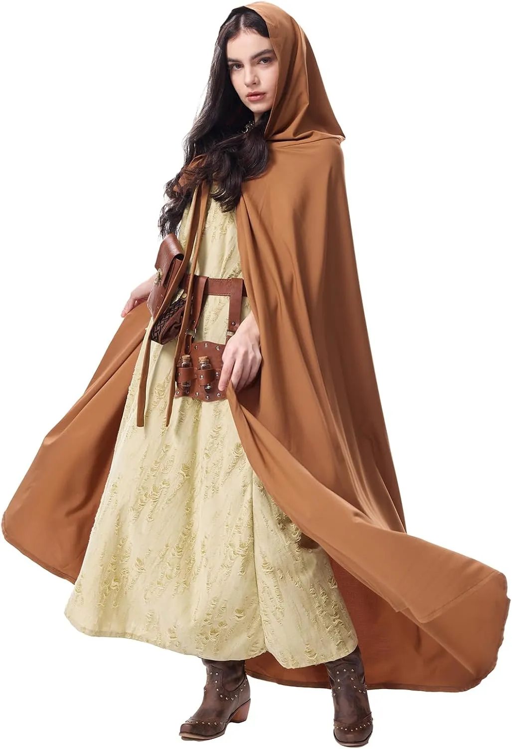 Renaissance Costume Women with Medieval Cloak Dress Potion Belt Apocalypse Wasteland Dune Ren Faire Fantasy Outfit
