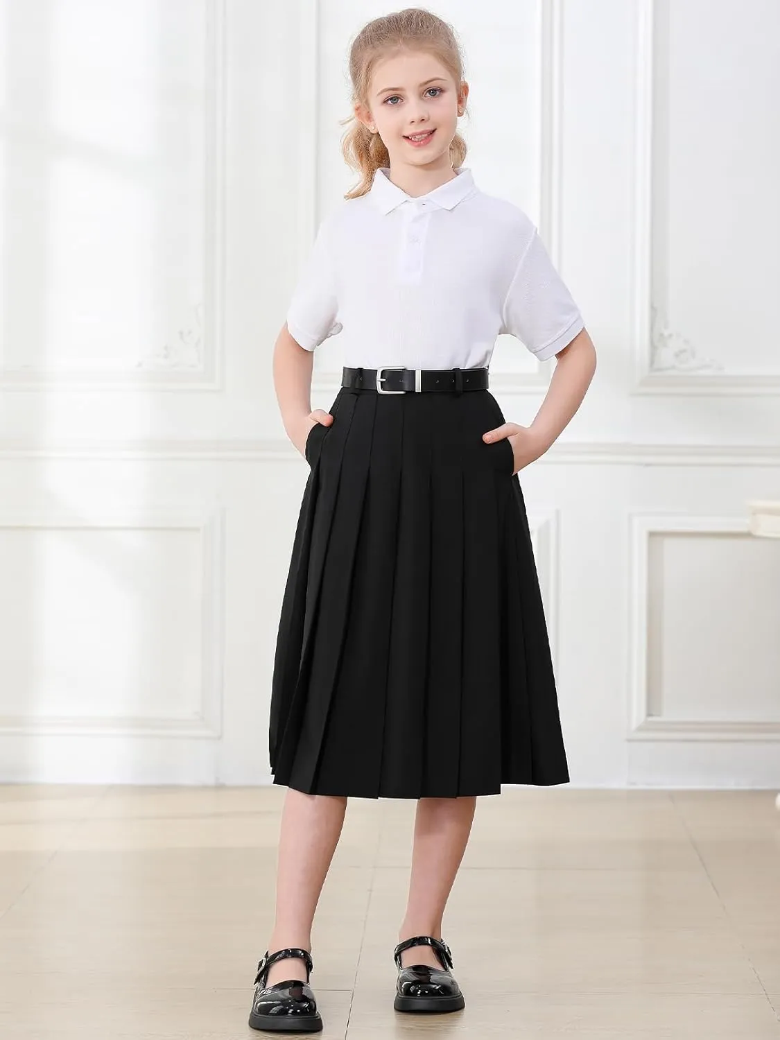 SANGTREE Women's Girls A-Line Long Pleated High Waist Fashion Skirt, School Uniform Cosplay