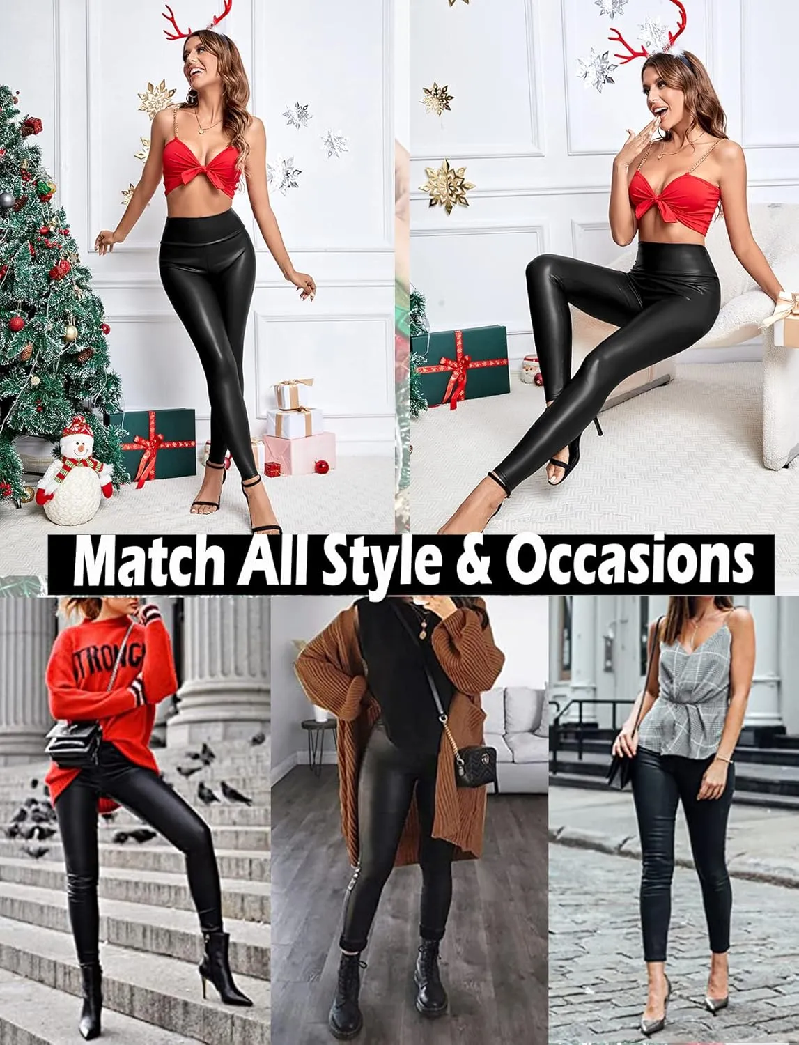 SEASUM Women's Faux Leather Leggings Pants PU Elastic Shaping Hip Push Up Black Sexy Stretchy High Waisted Tights