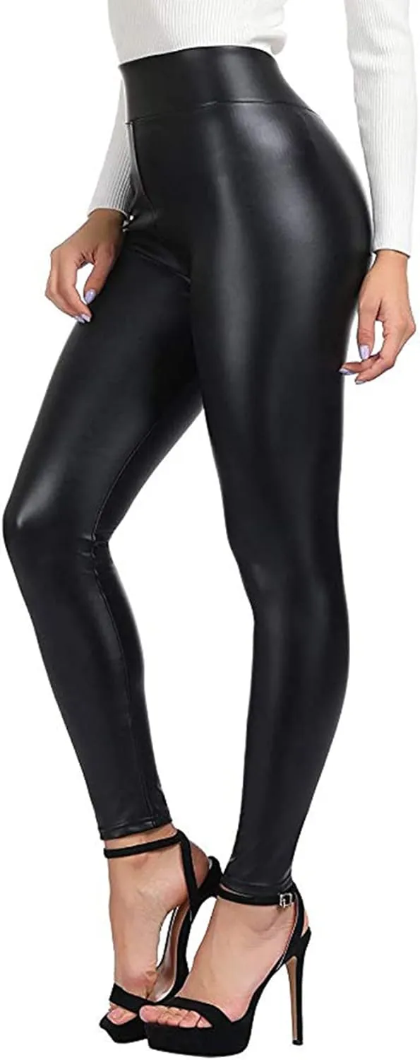 SEASUM Women's Faux Leather Leggings Pants PU Elastic Shaping Hip Push Up Black Sexy Stretchy High Waisted Tights