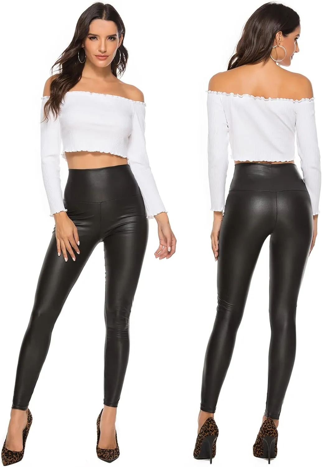 SEASUM Women's Faux Leather Leggings Pants PU Elastic Shaping Hip Push Up Black Sexy Stretchy High Waisted Tights